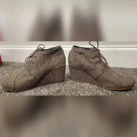 Toms Desert Herringbone Lace Up Wedge Ankle Oxford Bootie Brown Wool Upper Sz 11 - Picture 6 of 10